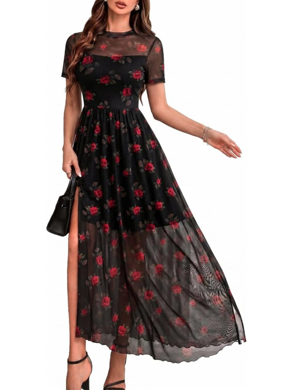 Gothic Floral Mesh Maxi Dress for Wedding Guests | Short Sleeve Elegant Gown